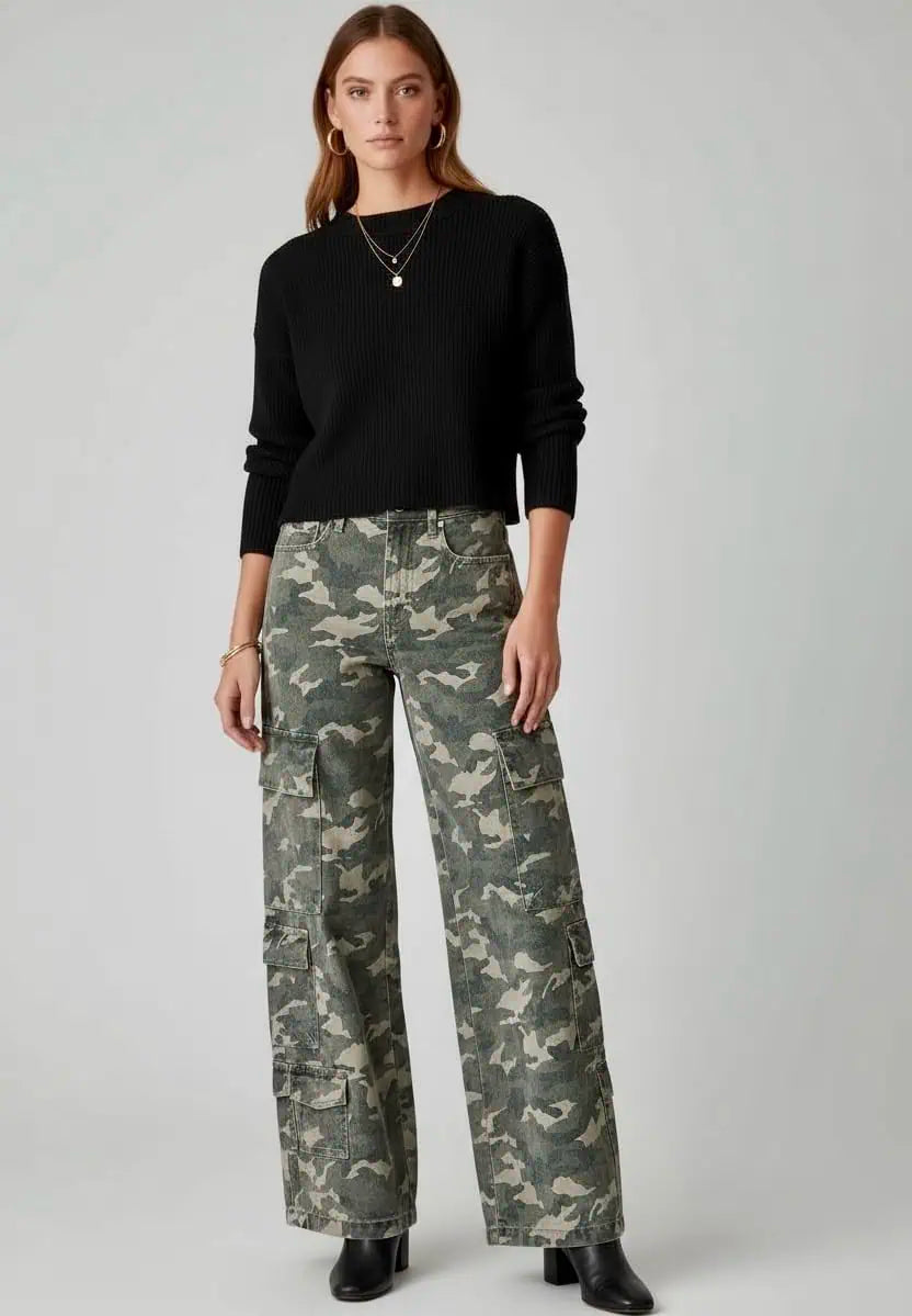 Camo Print Wide Leg Cargo Jeans | Jeans Daverri Fashions