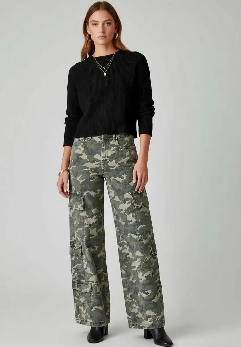 Camo Print Wide Leg Cargo Jeans - DAVERRI FASHIONS