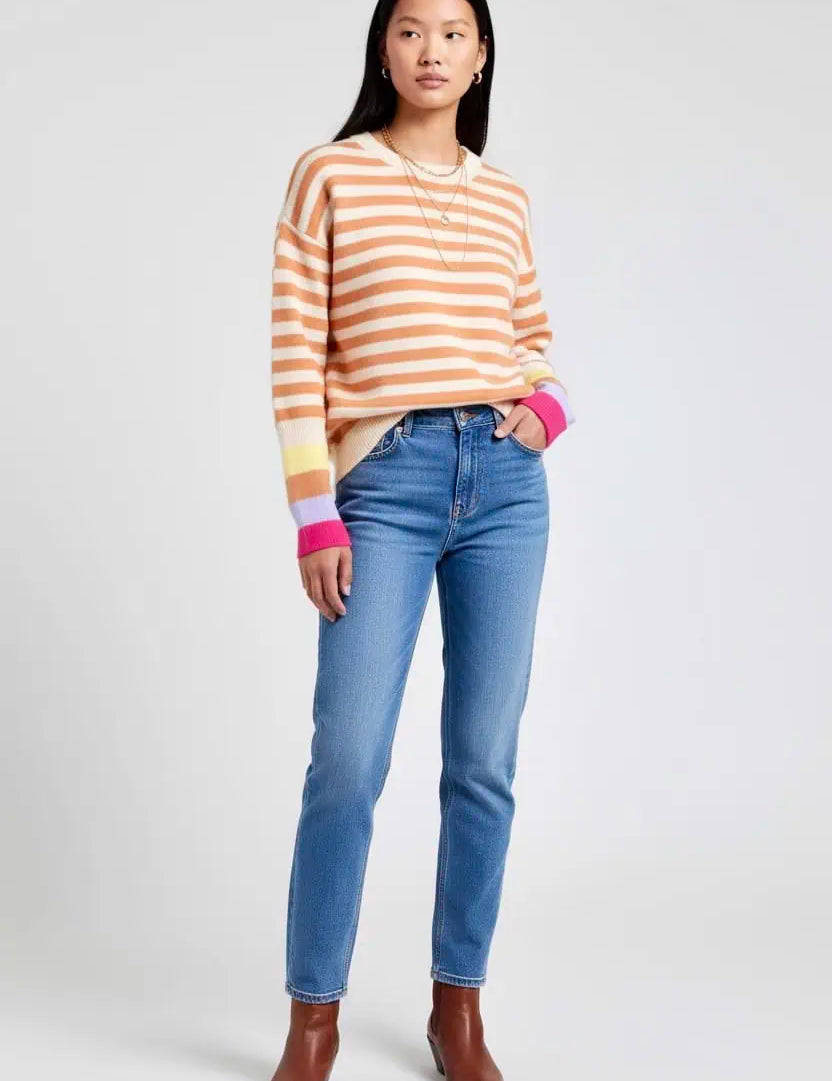 Angel Wings Warm Spice Striped Round Neck Sweater | Sweaters Daverri Fashions