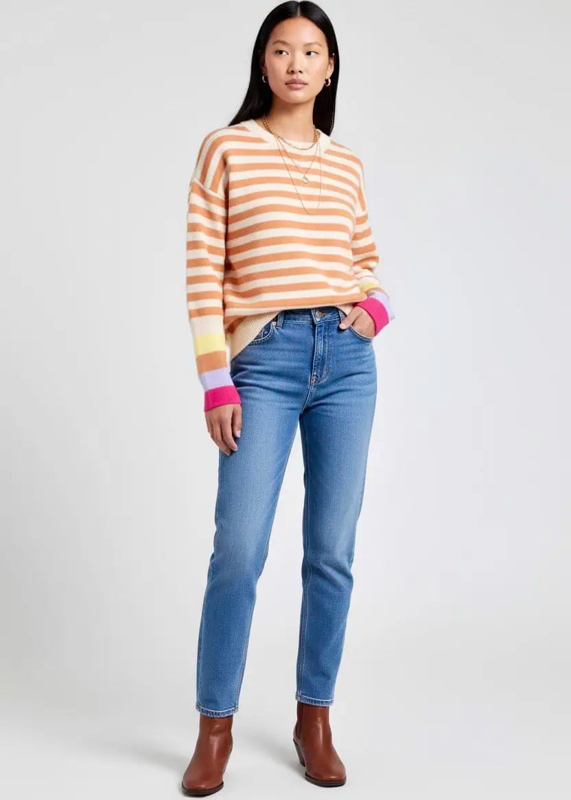 Angel Wings Warm Spice Striped Round Neck Sweater | Sweaters Daverri Fashions