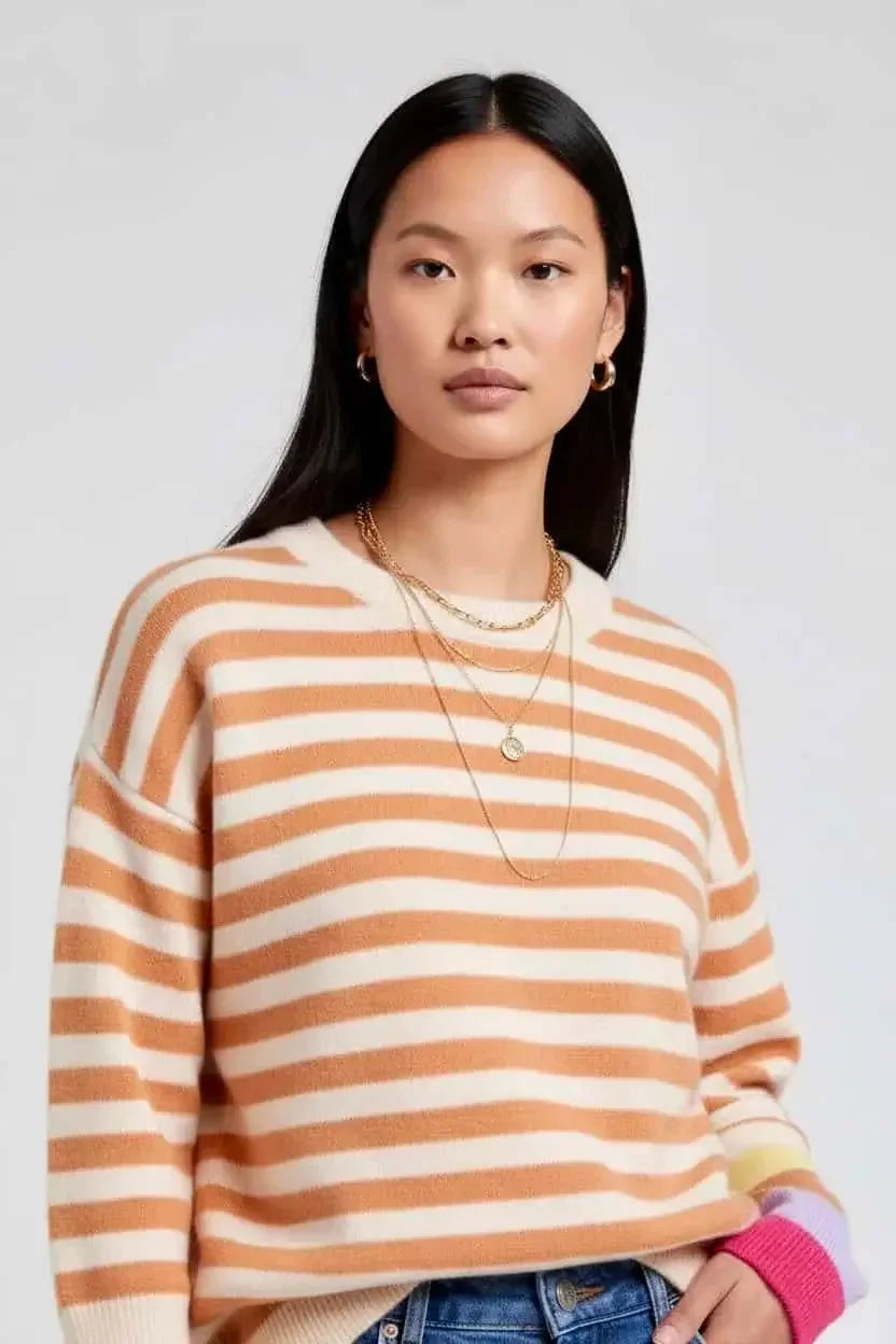 Angel Wings Warm Spice Striped Round Neck Sweater - DAVERRI FASHIONS