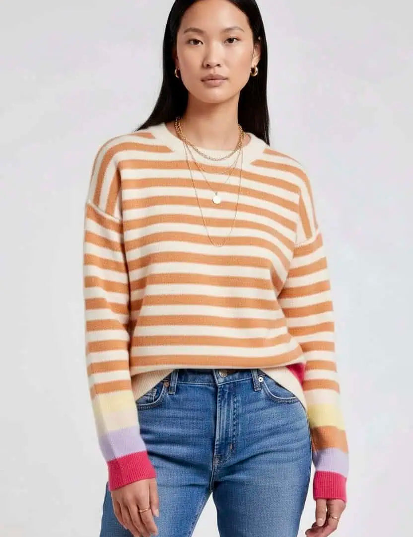 Angel Wings Warm Spice Striped Round Neck Sweater | Sweaters Daverri Fashions