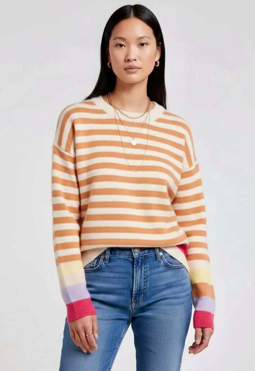Angel Wings Warm Spice Striped Round Neck Sweater | Sweaters Daverri Fashions