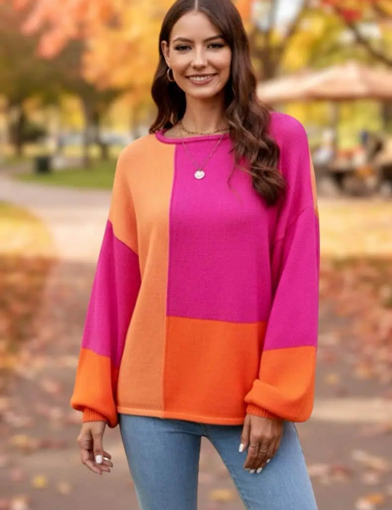 Angel Wings Color Block Round Neck Dropped Shoulder Sweater | Sweaters Daverri Fashions