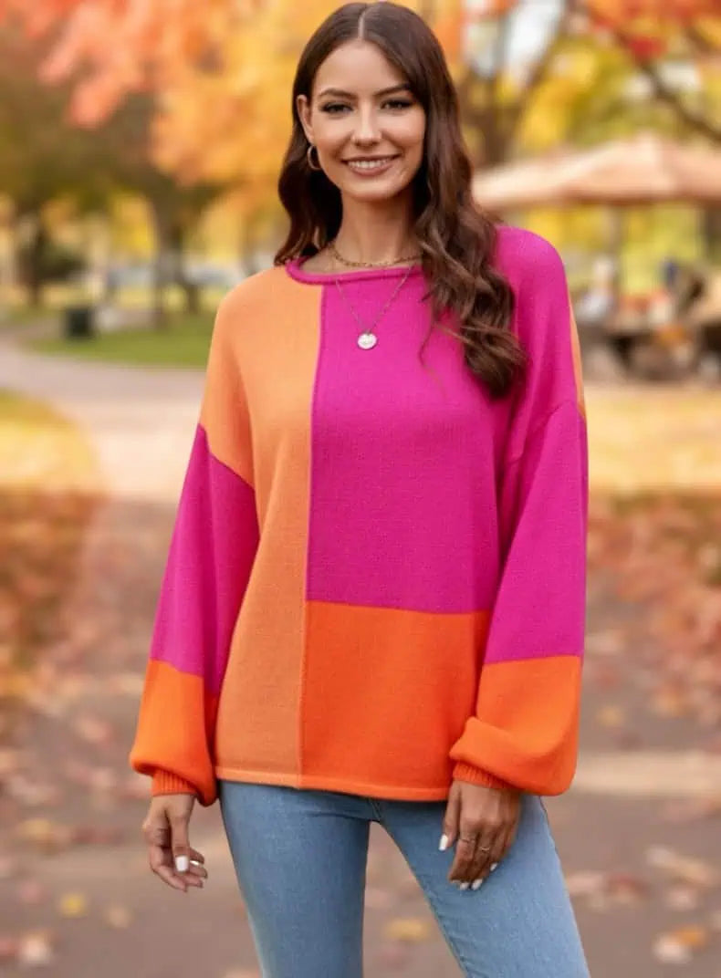 Angel Wings Color Block Round Neck Dropped Shoulder Sweater | Sweaters Daverri Fashions