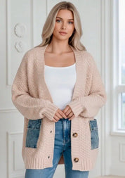 Denim Pockets Textured Knit Open-Front Cardigan | Cardigans Daverri Fashions