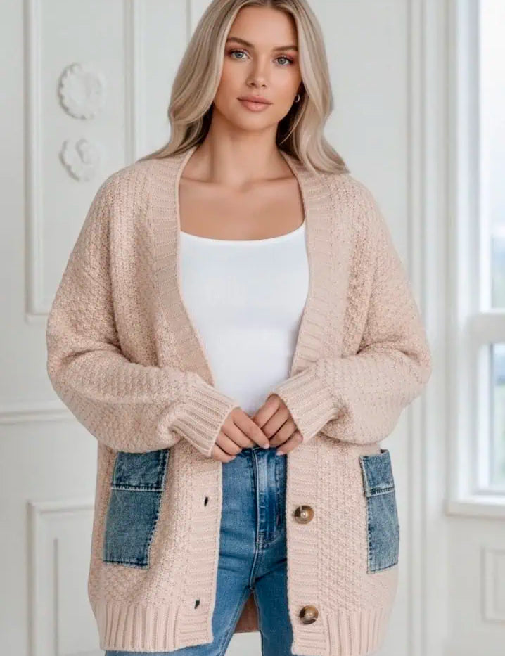 Denim Pockets Textured Knit Open-Front Cardigan | Cardigans Daverri Fashions