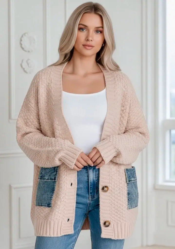 Denim Pockets Textured Knit Open-Front Cardigan | Cardigans Daverri Fashions
