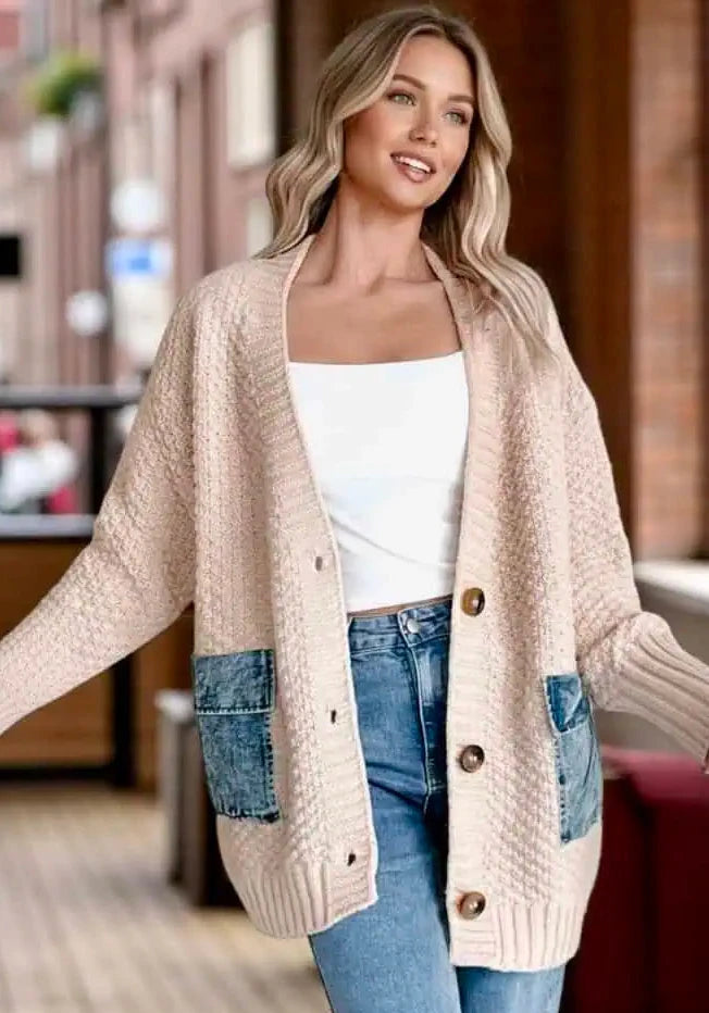 Denim Pockets Textured Knit Open-Front Cardigan | Cardigans Daverri Fashions