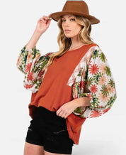 Desert Gold Floral Puff Sleeve Patchwork Round Neck Blouse | Blouses Daverri Fashions