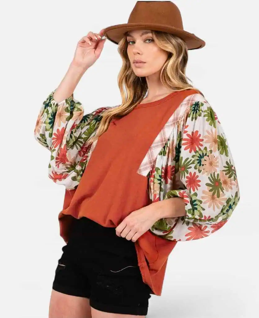 Desert Gold Floral Puff Sleeve Patchwork Round Neck Blouse | Blouses Daverri Fashions