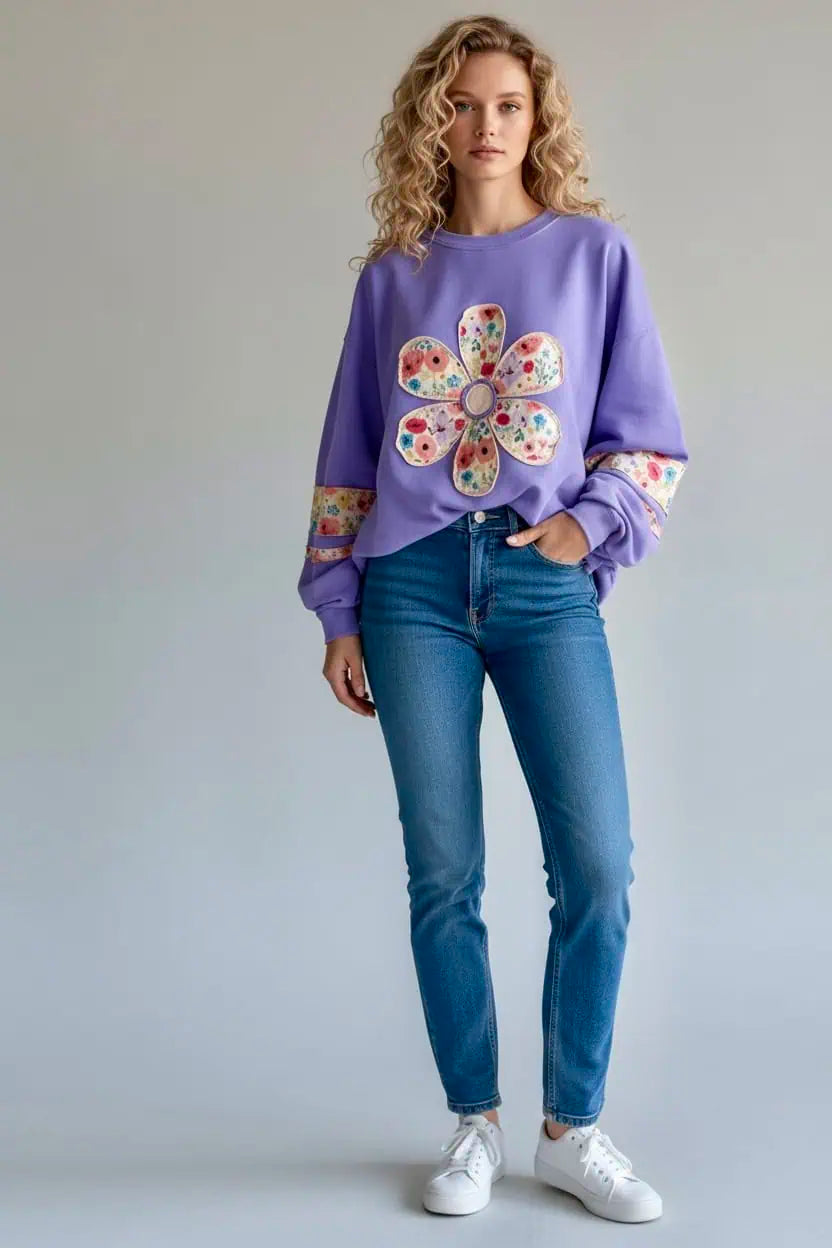 Oversized Floral Applique Drop Shoulder Sweatshirt | Sweatshirts Daverri Fashions