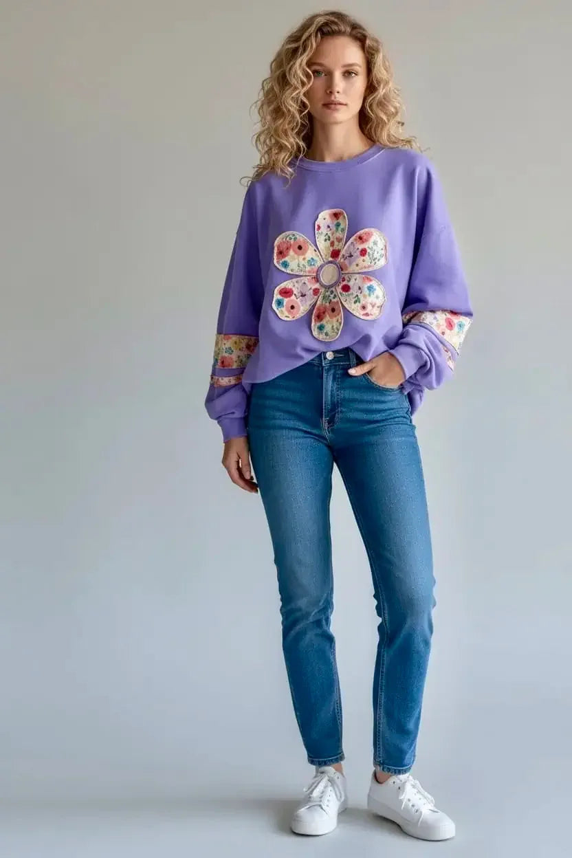 Oversized Floral Applique Drop Shoulder Sweatshirt - DAVERRI FASHIONS