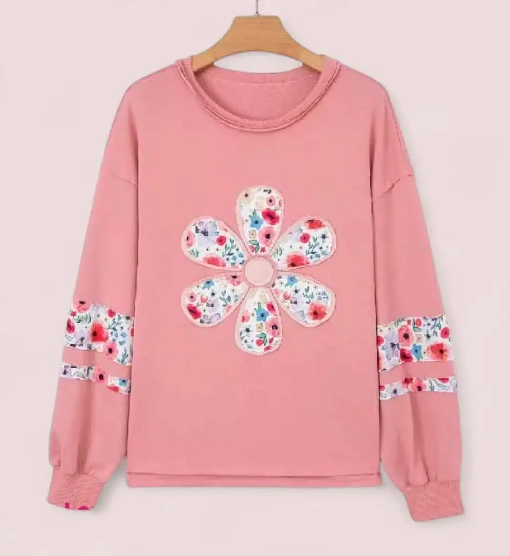 Oversized Floral Applique Drop Shoulder Sweatshirt | Sweatshirts Daverri Fashions