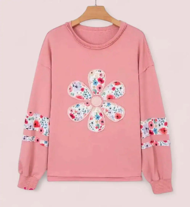 Oversized Floral Applique Drop Shoulder Sweatshirt | Sweatshirts Daverri Fashions