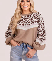 Leopard Color Block Knit Round Neck Baggy Sweater | Sweaters Daverri Fashions