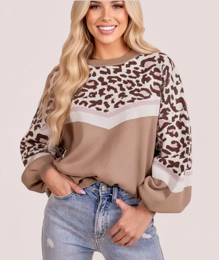 Leopard Color Block Knit Round Neck Baggy Sweater | Sweaters Daverri Fashions