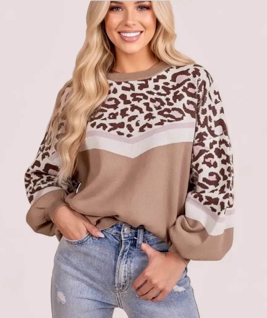 Leopard Color Block Knit Round Neck Baggy Sweater - DAVERRI FASHIONS