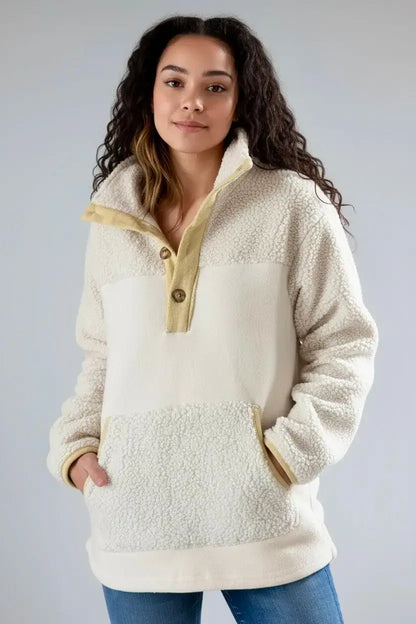 Mock Neck Long Sleeve Sherpa Sweatshirt - DAVERRI FASHIONS