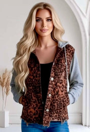 Leopard Distressed Drawstring Hooded Denim Jacket | Denim Jackets Daverri Fashions