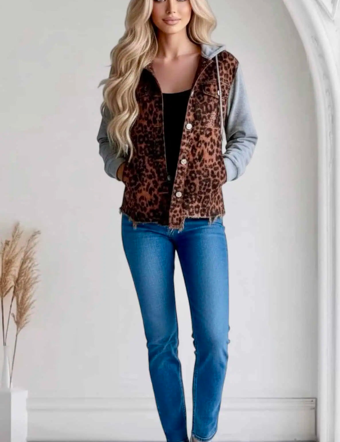 Leopard Distressed Drawstring Hooded Denim Jacket | Denim Jackets Daverri Fashions