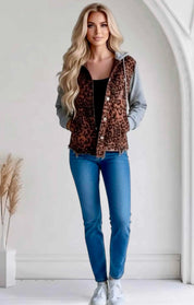 Leopard Distressed Drawstring Hooded Denim Jacket | Denim Jackets Daverri Fashions