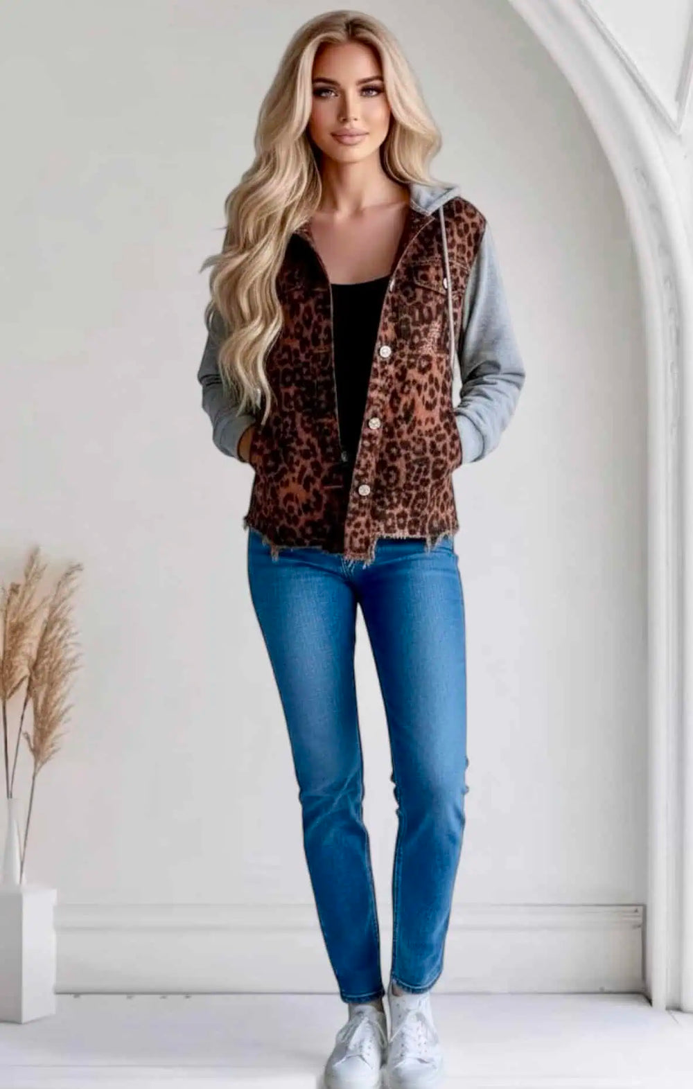 Leopard Distressed Drawstring Hooded Denim Jacket | Denim Jackets Daverri Fashions