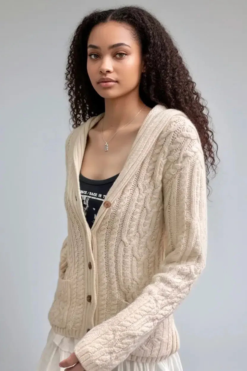 Cable Knit Button Up Cardigan - DAVERRI FASHIONS