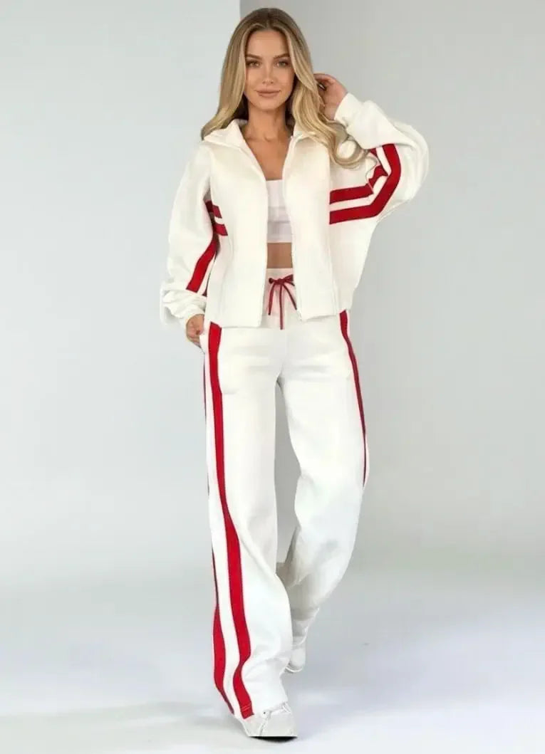 Full Size Contrast Stripe Zip Up Jacket and Pants Set Plus Size - DAVERRI FASHIONS