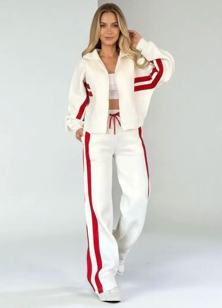 Full Size Contrast Stripe Zip Up Jacket and Pants Set Plus Size | Loungewear Sets Daverri Fashions