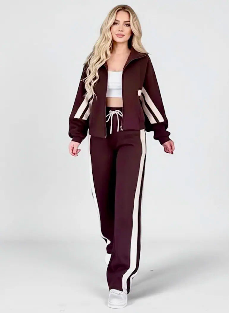 Full Size Contrast Stripe Zip Up Jacket and Pants Set Plus Size | Loungewear Sets Daverri Fashions