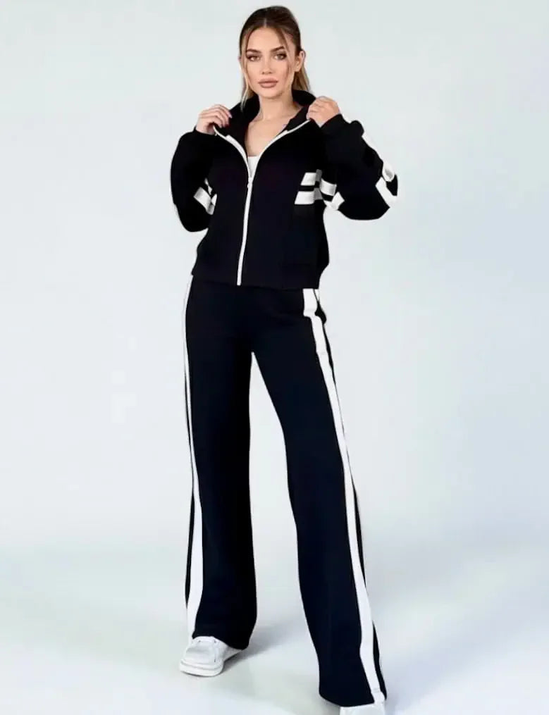 Full Size Contrast Stripe Zip Up Jacket and Pants Set Plus Size - DAVERRI FASHIONS