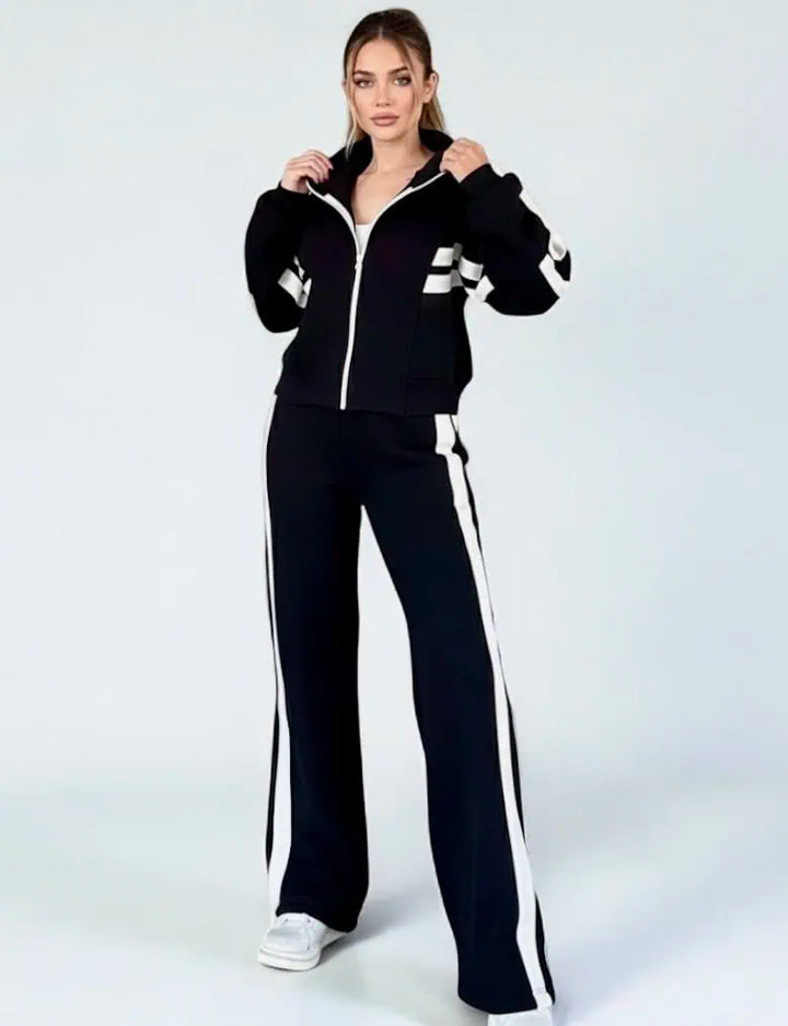 Full Size Contrast Stripe Zip Up Jacket and Pants Set Plus Size | Loungewear Sets Daverri Fashions