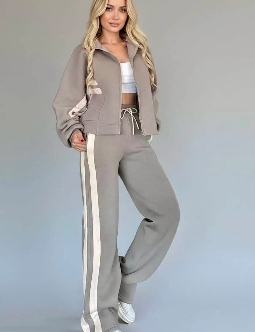 Full Size Contrast Stripe Zip Up Jacket and Pants Set Plus Size | Loungewear Sets Daverri Fashions