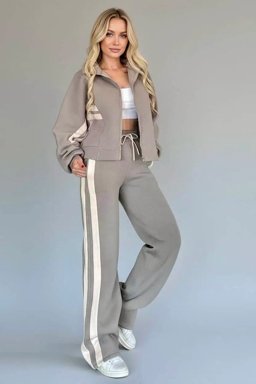 Full Size Contrast Stripe Zip Up Jacket and Pants Set Plus Size | Loungewear Sets Daverri Fashions