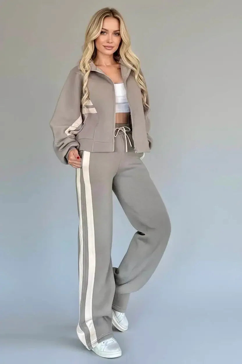 Full Size Contrast Stripe Zip Up Jacket and Pants Set Plus Size - DAVERRI FASHIONS