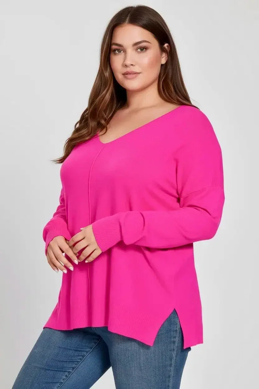 Zenana Plus Size Lightweight Side Slit Sweater - DAVERRI FASHIONS
