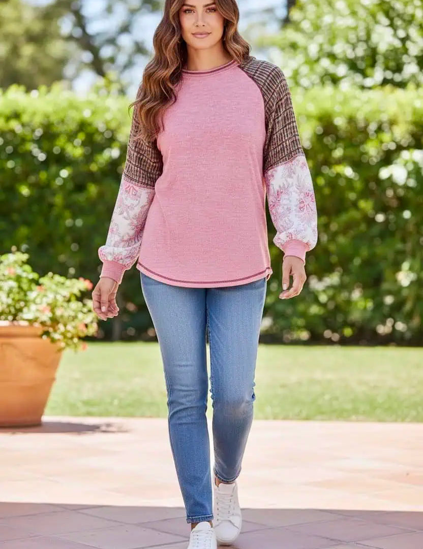 Fushia Mixed Print Raglan Sleeve Ribbed Knit Patchwork Blouse | Blouses Daverri Fashions