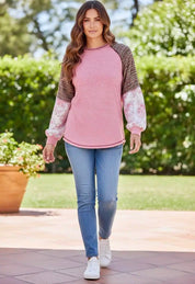 Fushia Mixed Print Raglan Sleeve Ribbed Knit Patchwork Blouse | Blouses Daverri Fashions
