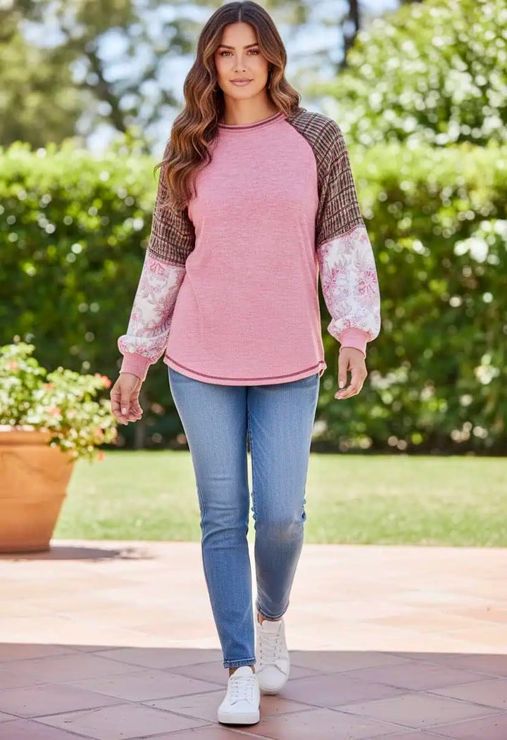 Fushia Mixed Print Raglan Sleeve Ribbed Knit Patchwork Blouse | Blouses Daverri Fashions