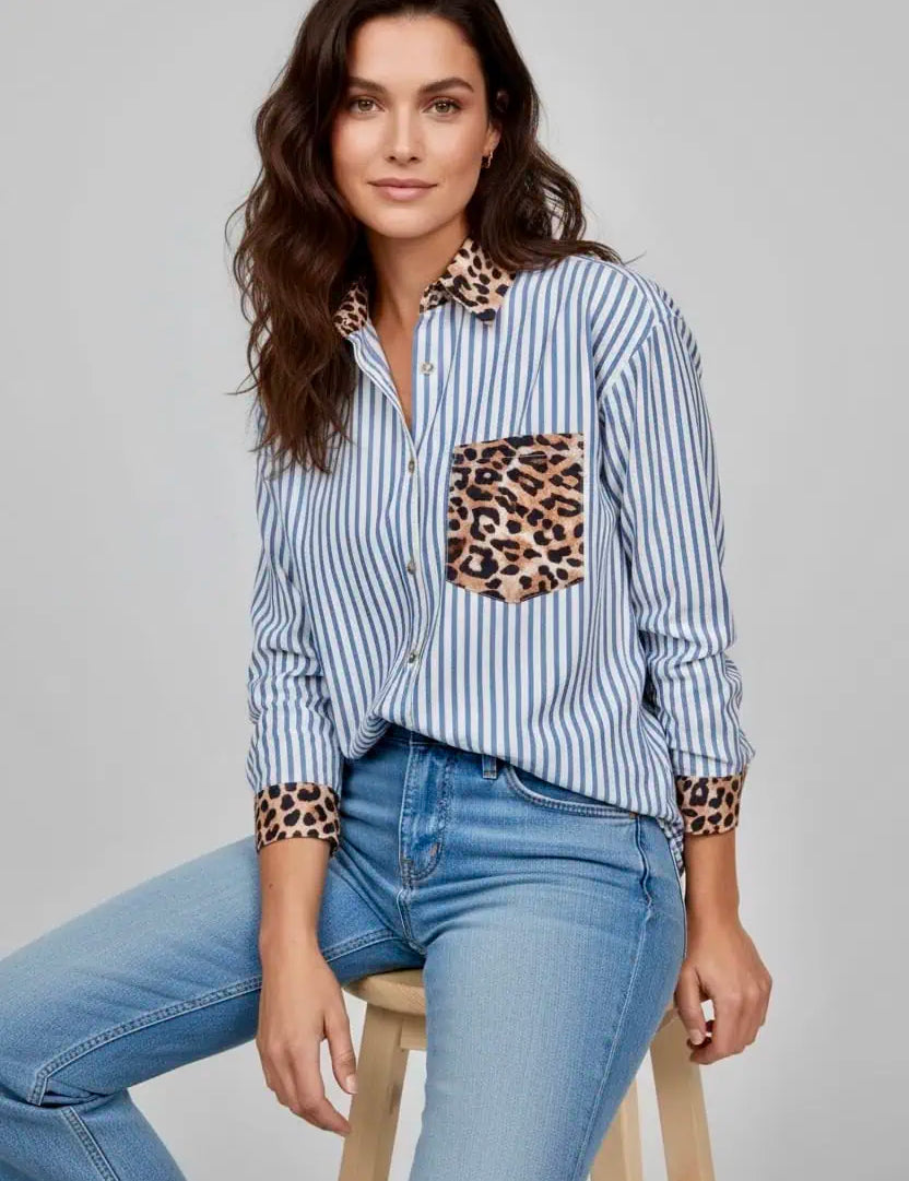 Striped Leopard Print Patchwork Button Up Shirt | Shirts Daverri Fashions