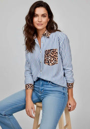 Striped Leopard Print Patchwork Button Up Shirt | Shirts Daverri Fashions