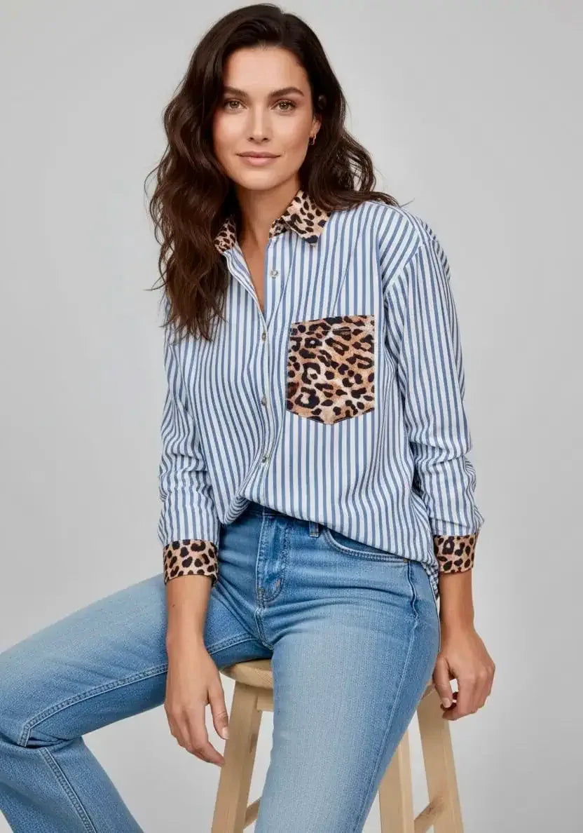 Striped Leopard Print Patchwork Button Up Shirt - DAVERRI FASHIONS