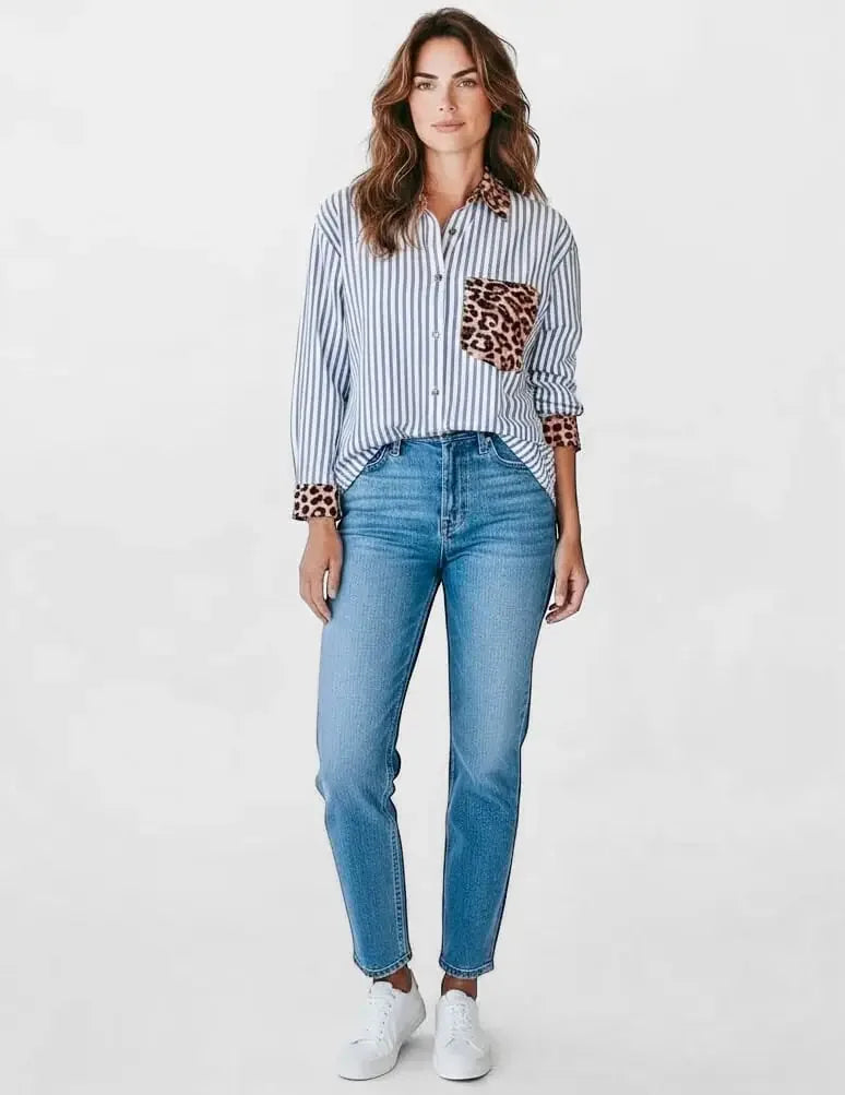 Striped Leopard Print Patchwork Button Up Shirt - DAVERRI FASHIONS