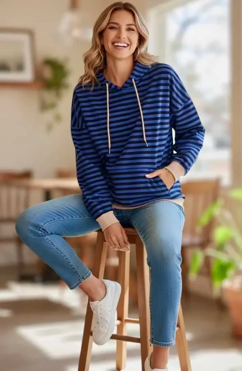 Lovelet Drawstring Striped Long Sleeve Hoodie - DAVERRI FASHIONS