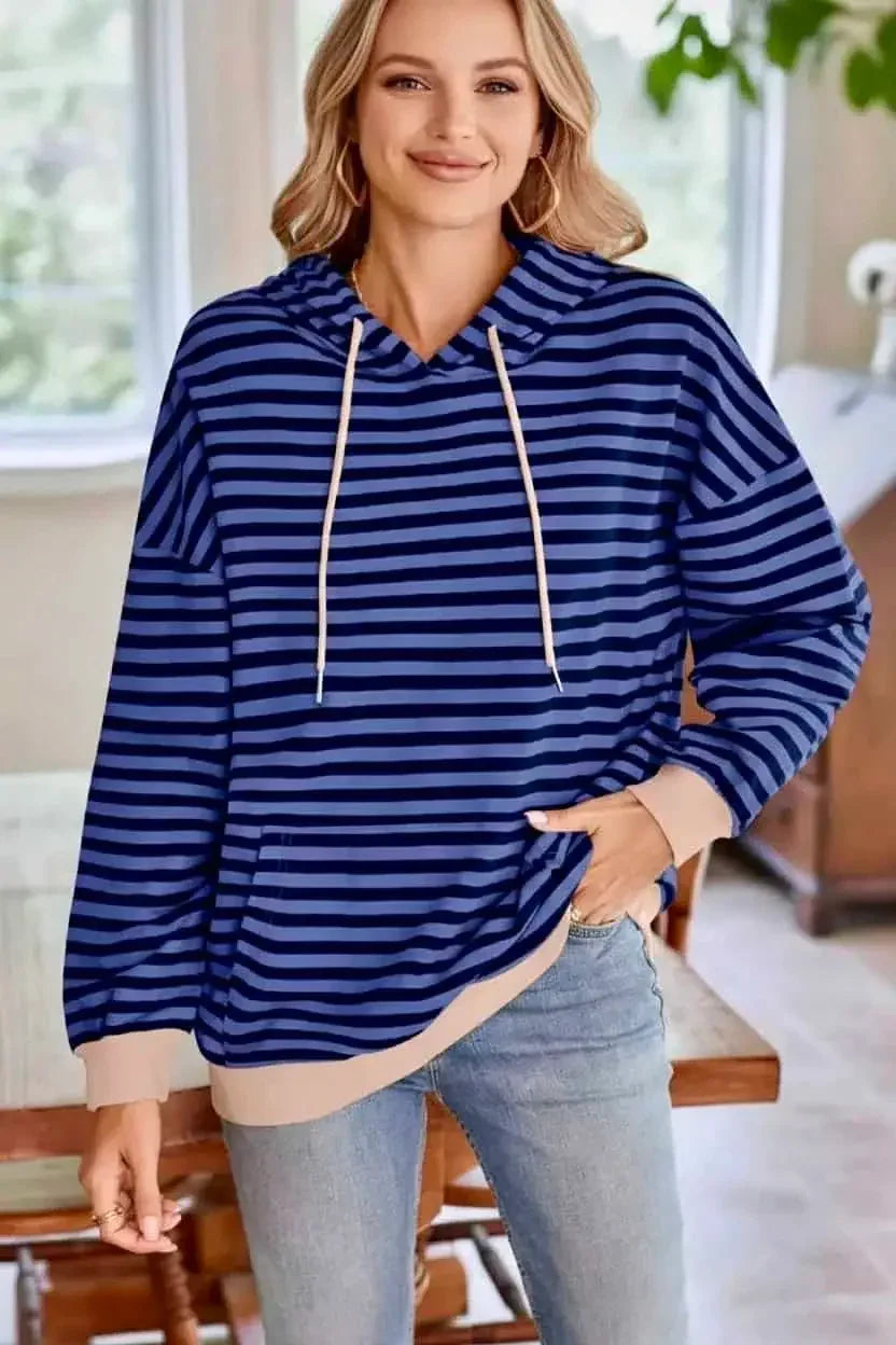 Lovelet Drawstring Striped Long Sleeve Hoodie - DAVERRI FASHIONS