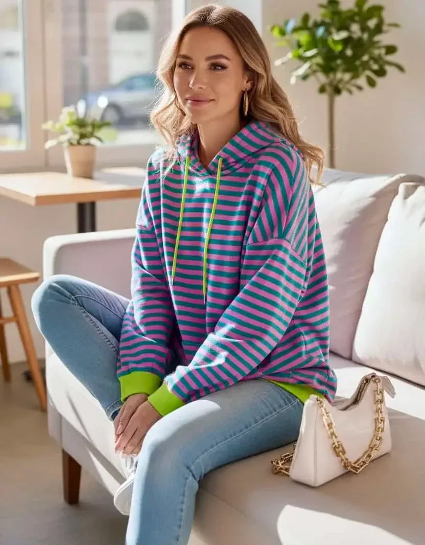 Lovelet Drawstring Striped Long Sleeve Hoodie - DAVERRI FASHIONS
