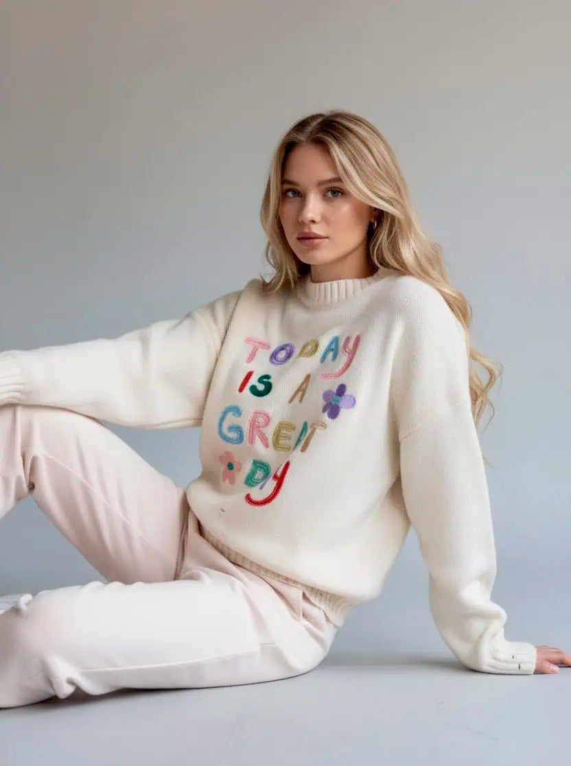 Embroidered 'Great Day' Dropped Shoulder Sweater | Sweaters Daverri Fashions