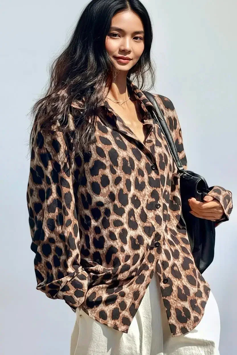 Leopard Print Button-Down Shirt - DAVERRI FASHIONS