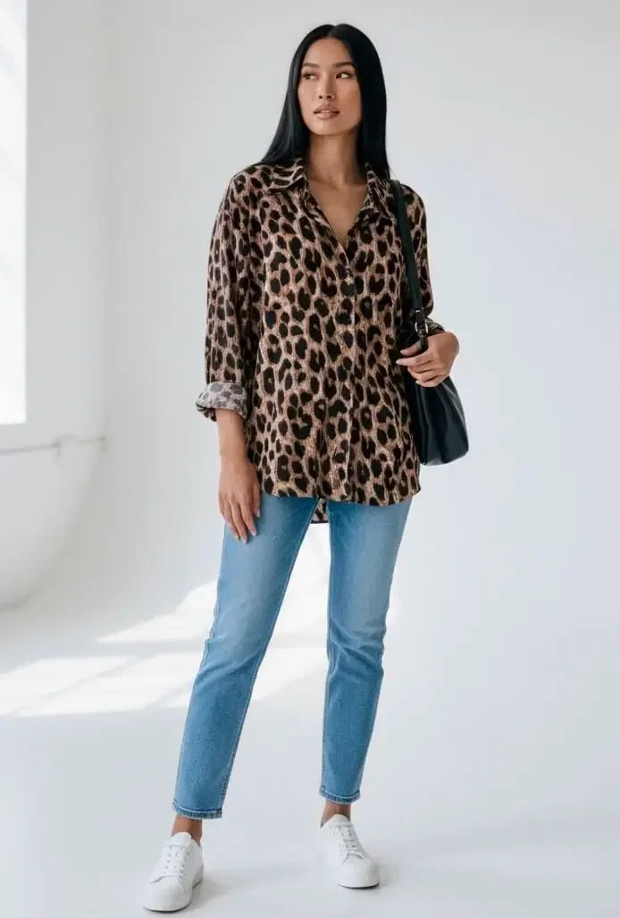 Leopard Print Button-Down Shirt - DAVERRI FASHIONS